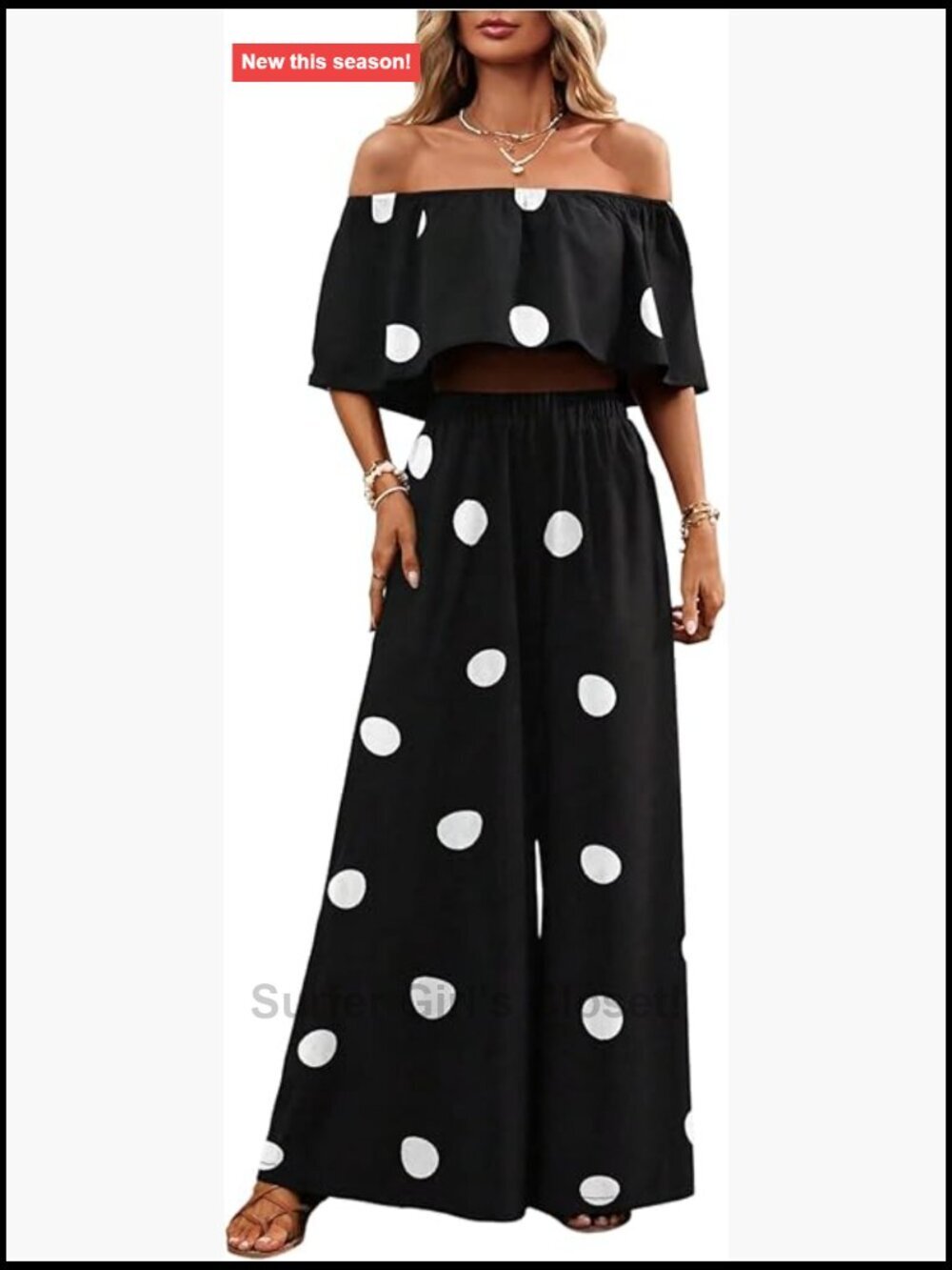 2 Piece Polka Dot Off Shoulder Crop Top & Wide Leg Pants Set